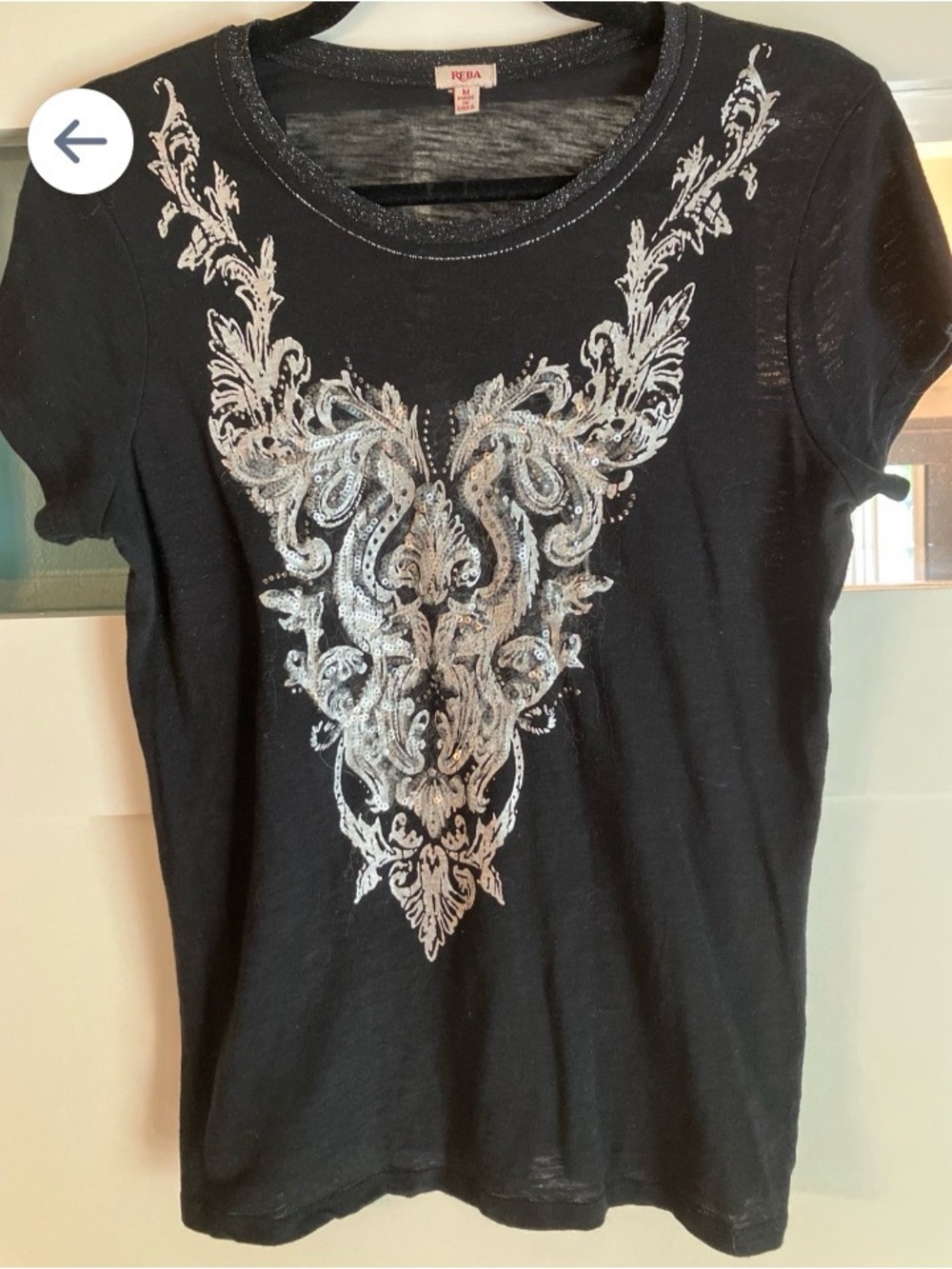 Reba’s Black and Silver Ornate Sequin Embellished Baroque Graphic T-Shirt